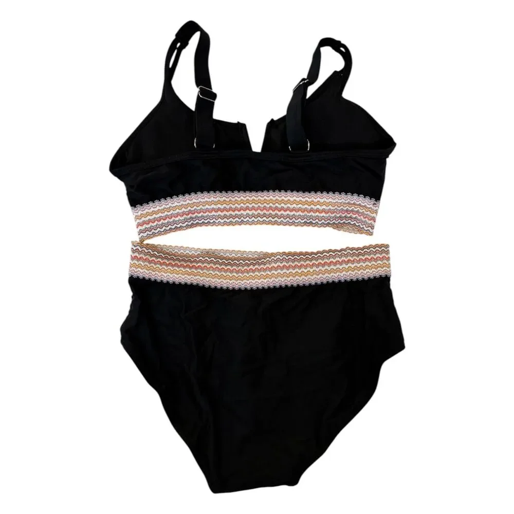 No Brand Youth Black Multicolored Band Two Piece Swimsuit Size 13/14 Youth